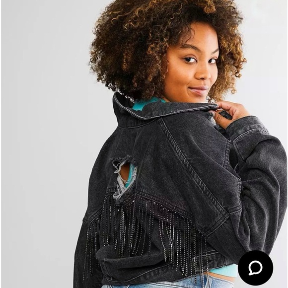 NEW blue b Charcoal Black Rhinestone Fringe Distress Denim Oversized Jean Jacket - Picture 1 of 3